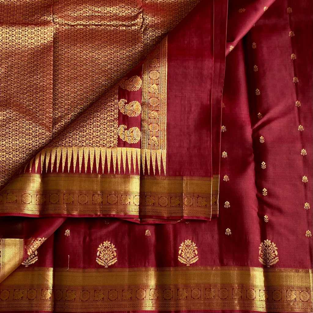 Deep Maroon Designer Pure Silk Saree With Metallic Gold Brocade