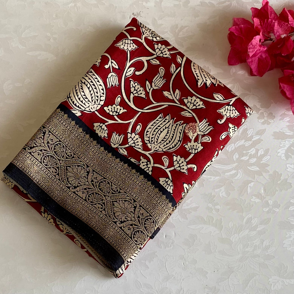 Crimson Red Soft Kalamkari Premium Tussar Silk With Midnight Black Pallu