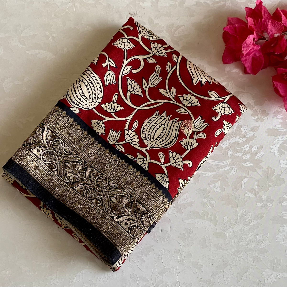 Crimson Red Soft Kalamkari Premium Tussar Silk With Midnight Black Pallu