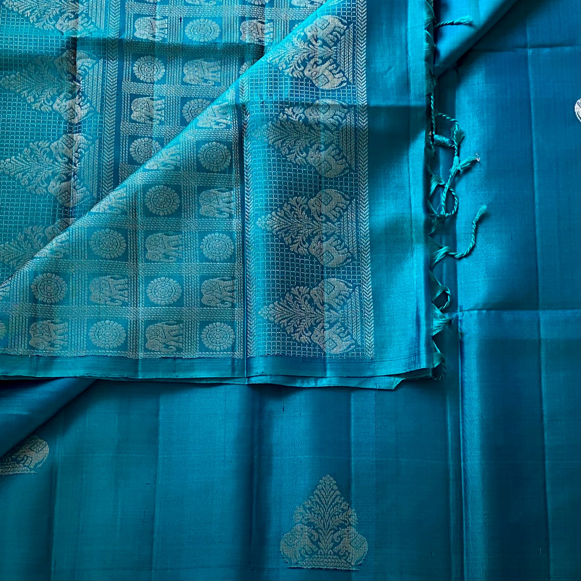 Peacock Teal Designer Pure Silk Saree Antique Gold Butta Zari