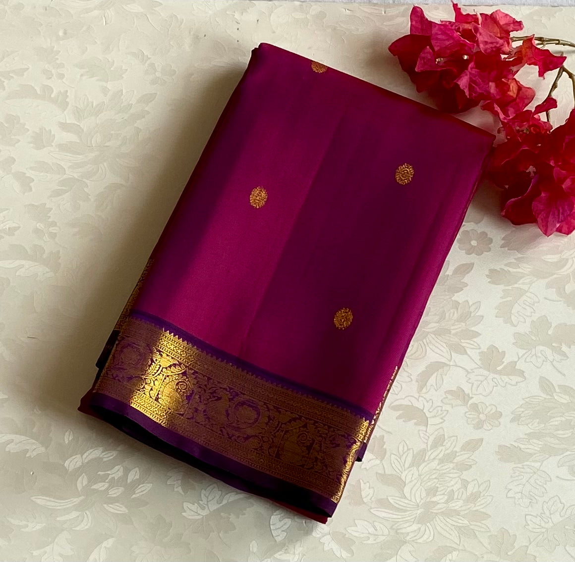 Fuchsia Purple Saree with Gold Zari Border Traditional Weddings Attire