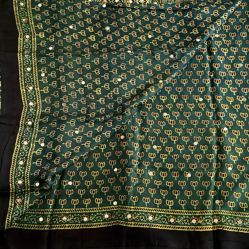 Ajrakh Handblock Printed Silk Forest Green Saree With Mustard Yellow Border