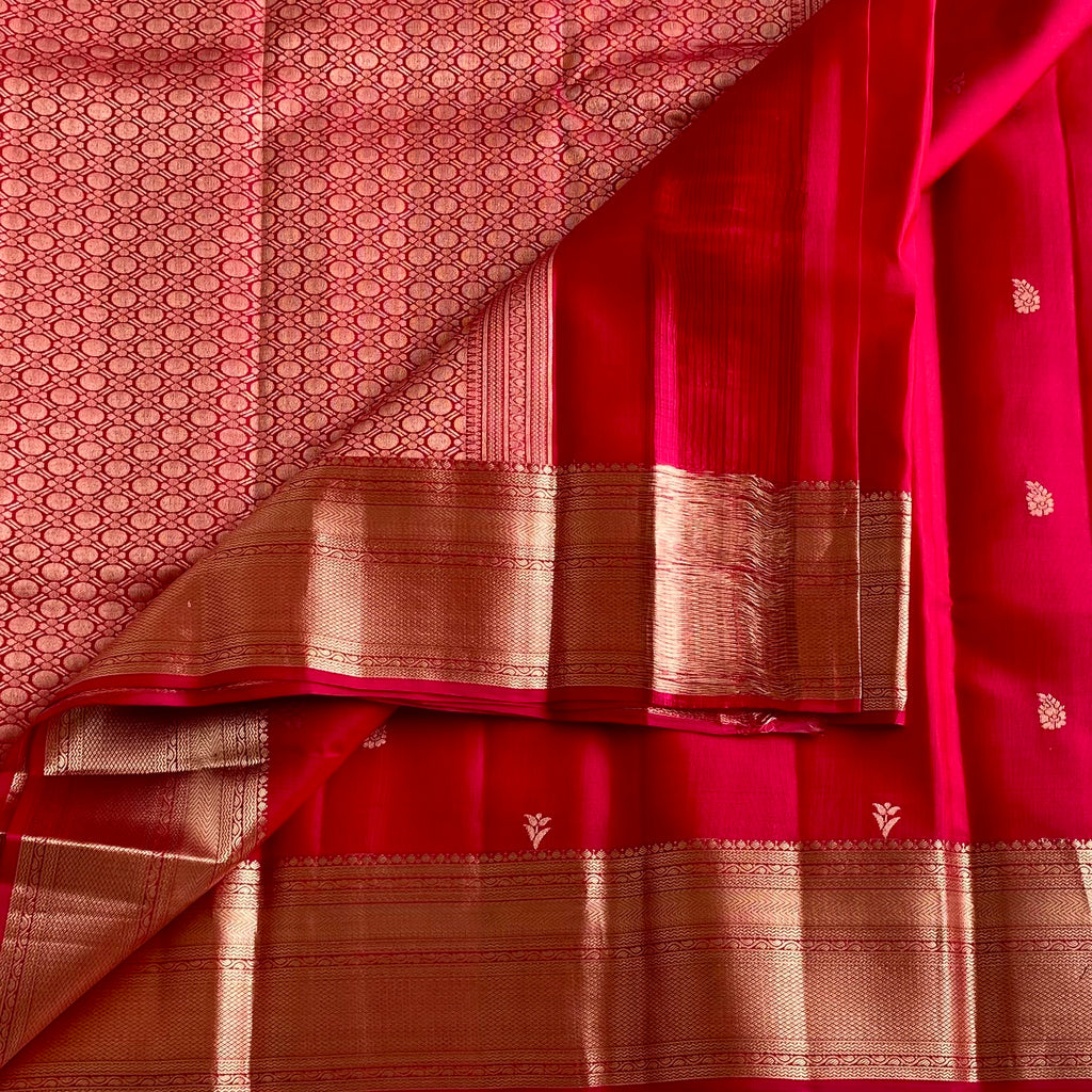 Cherry Red Designer Pure Silk Saree With Antique Gold Border