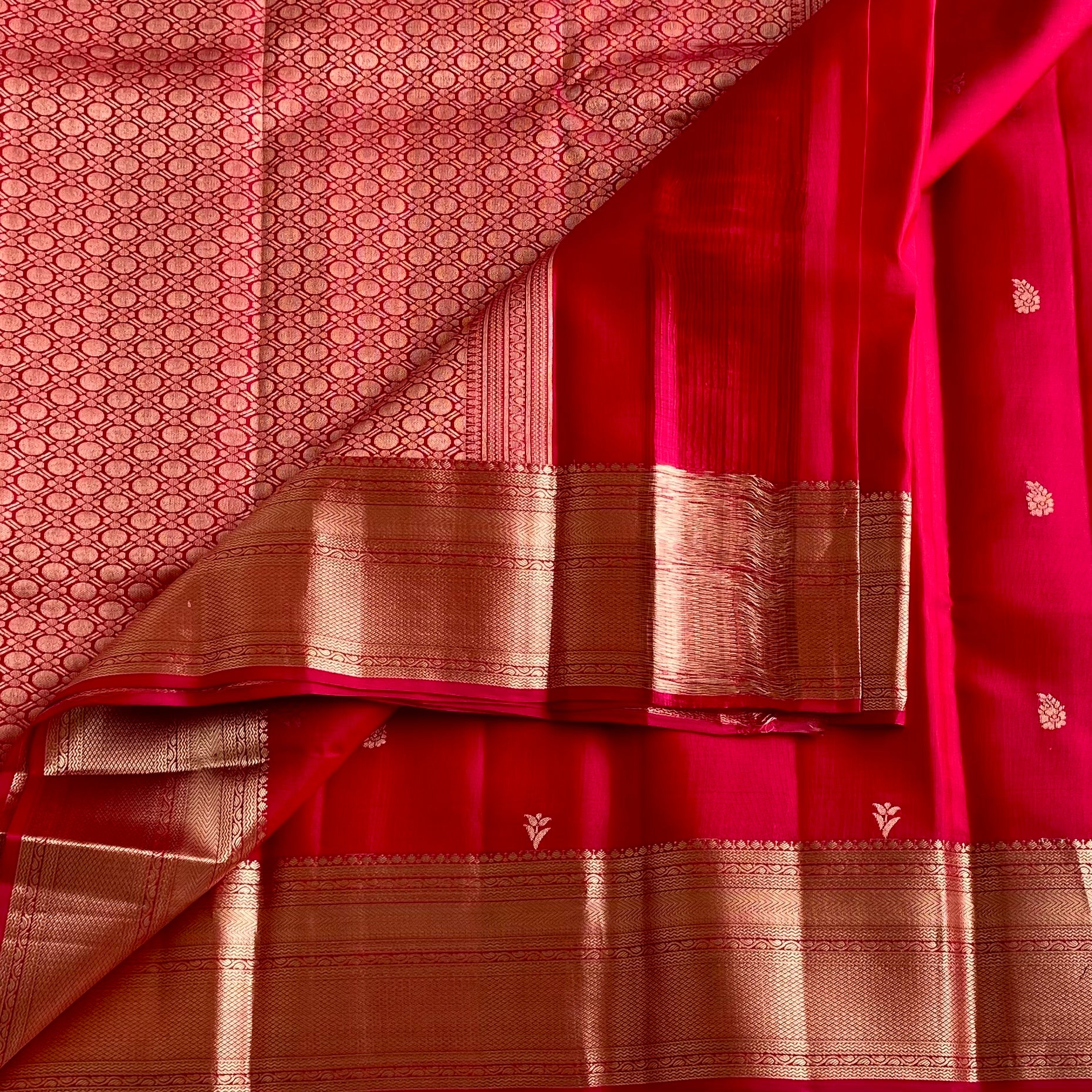 Cherry Red Designer Pure Silk Saree With Antique Gold Border