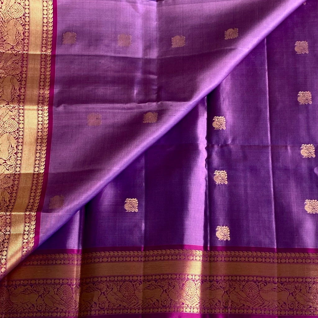 Metallic Lavender Designer Pure Silk With Rich Magenta Contrast
