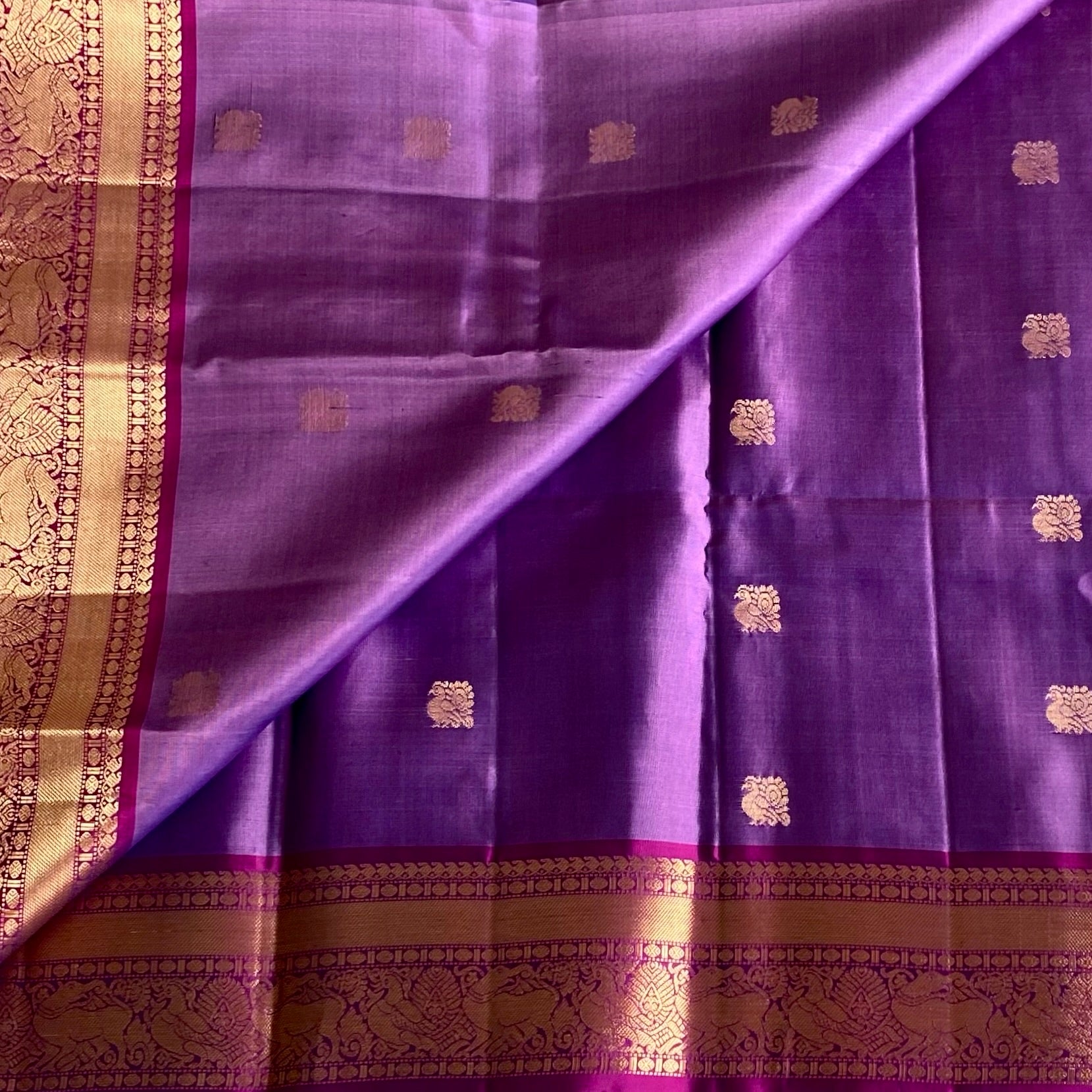 Metallic Lavender Designer Pure Silk With Rich Magenta Contrast