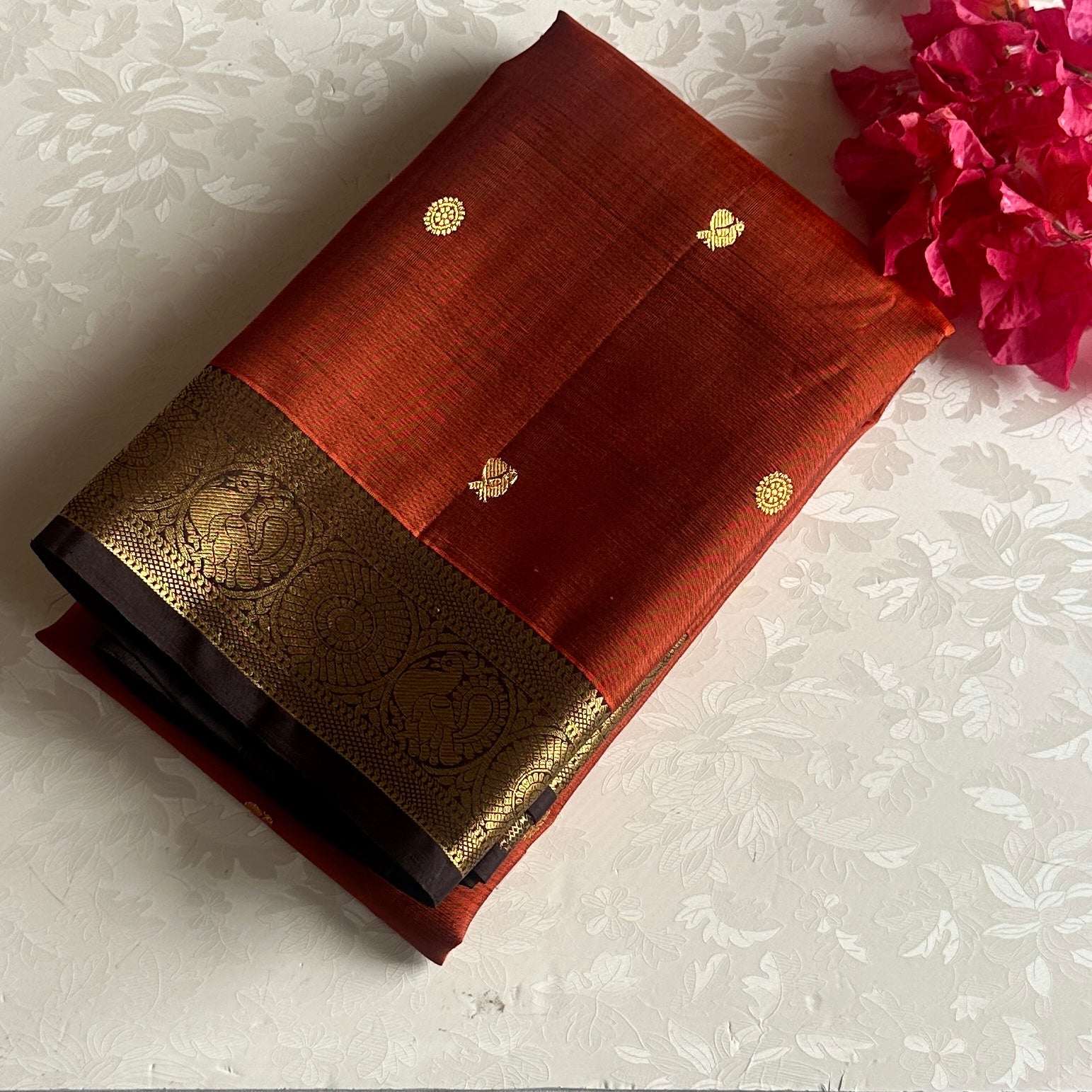 Burnt Orange With Coffee Brown Gold Kanjeevaram Pure Zari Silk Saree