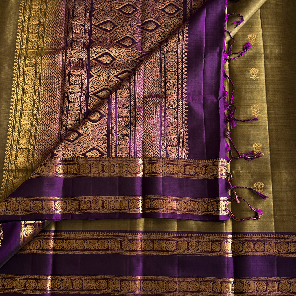 Royal Purple Silk Saree Olive Green Body Gold Brocade Border