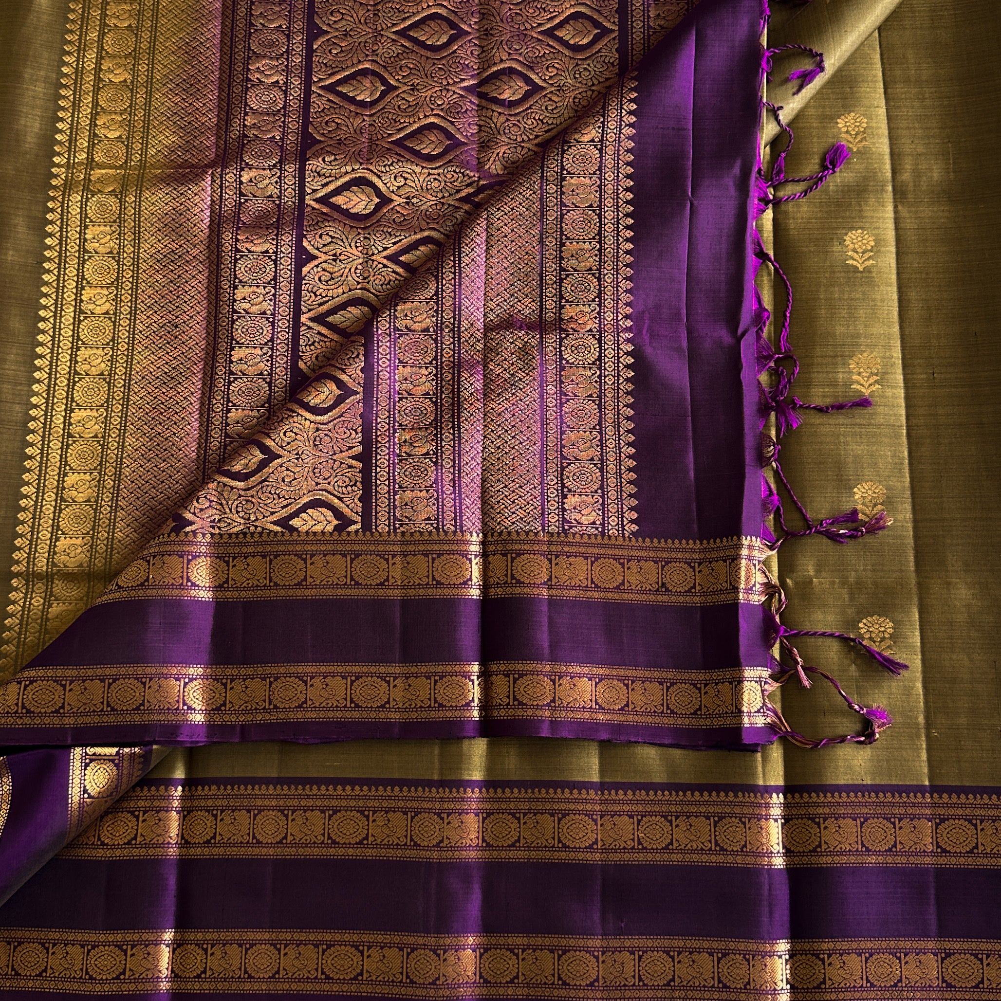 Royal Purple Silk Saree Olive Green Body Gold Brocade Border