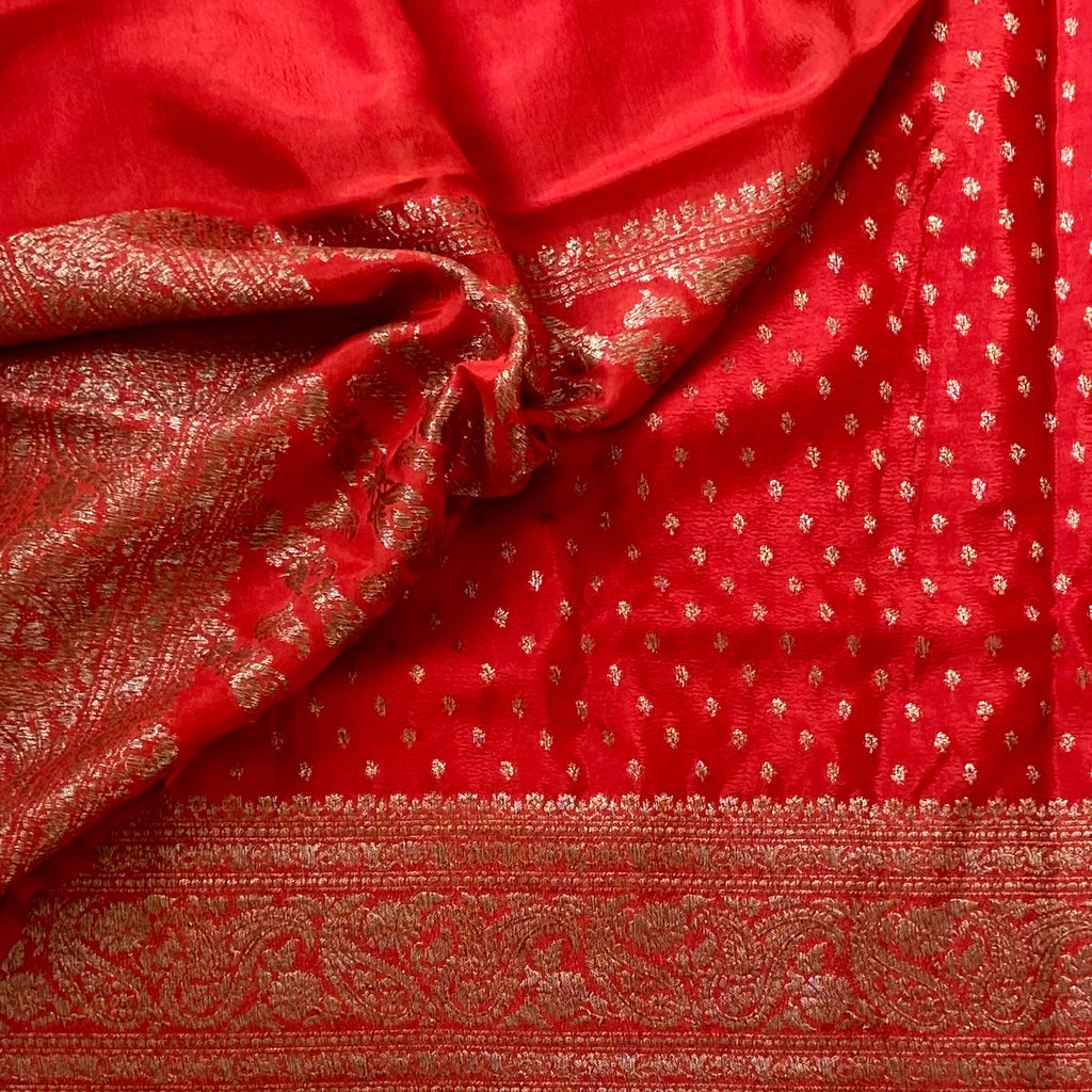 Scarlet Banarasi Silk Saree Antique Gold Brocade Wedding Saree Traditional