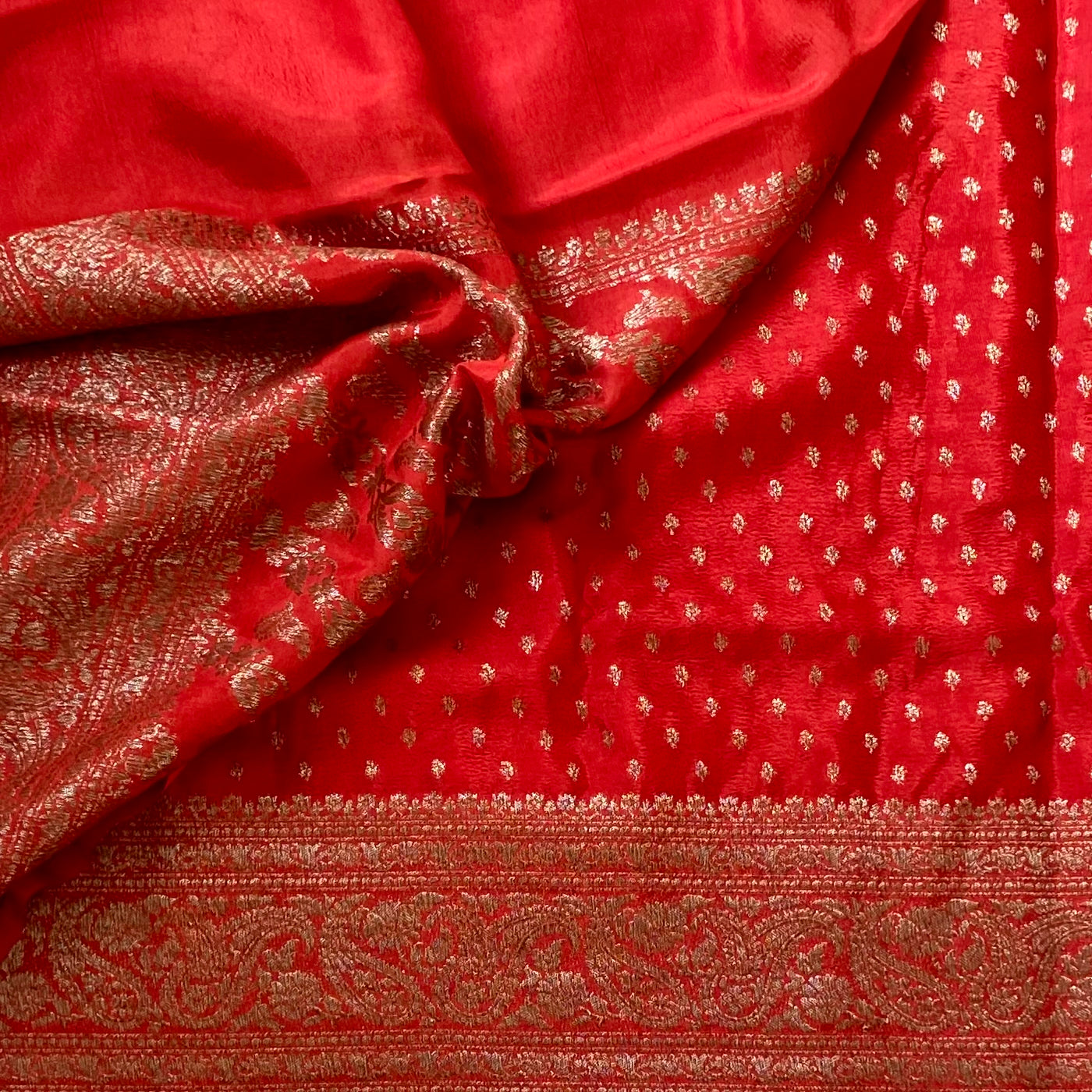 Scarlet Banarasi Silk Saree Antique Gold Brocade Wedding Saree Traditional