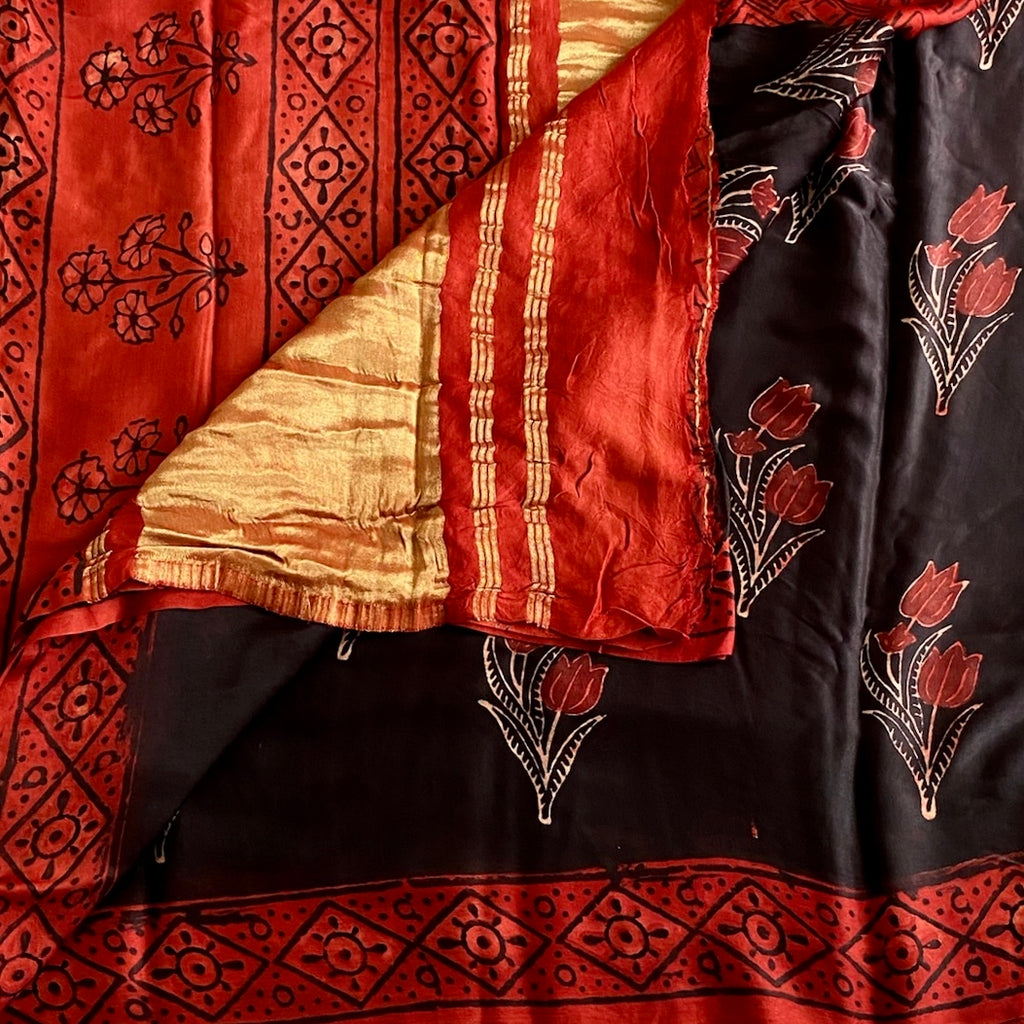 Midnight Black Ajrakh Handblock Printed Silk Saree With Rust Red Pallu