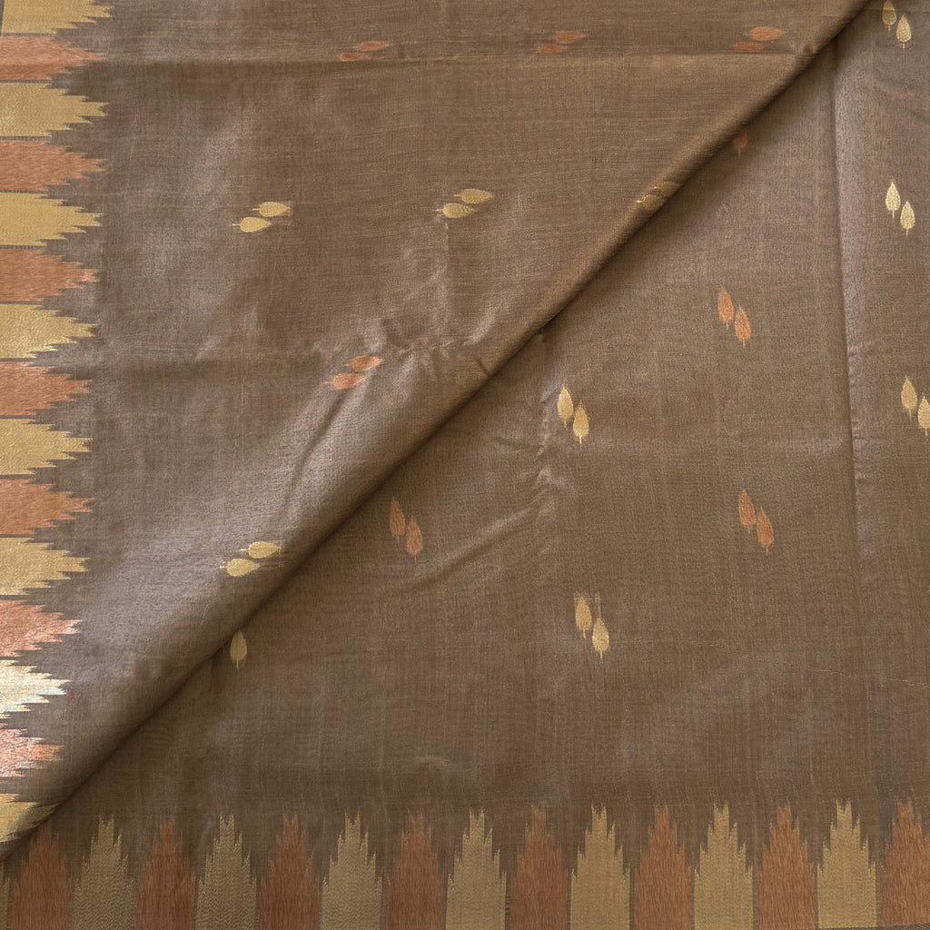Deep Maroon Ikat Silk Saree Gold Zari Olive Pallu Border