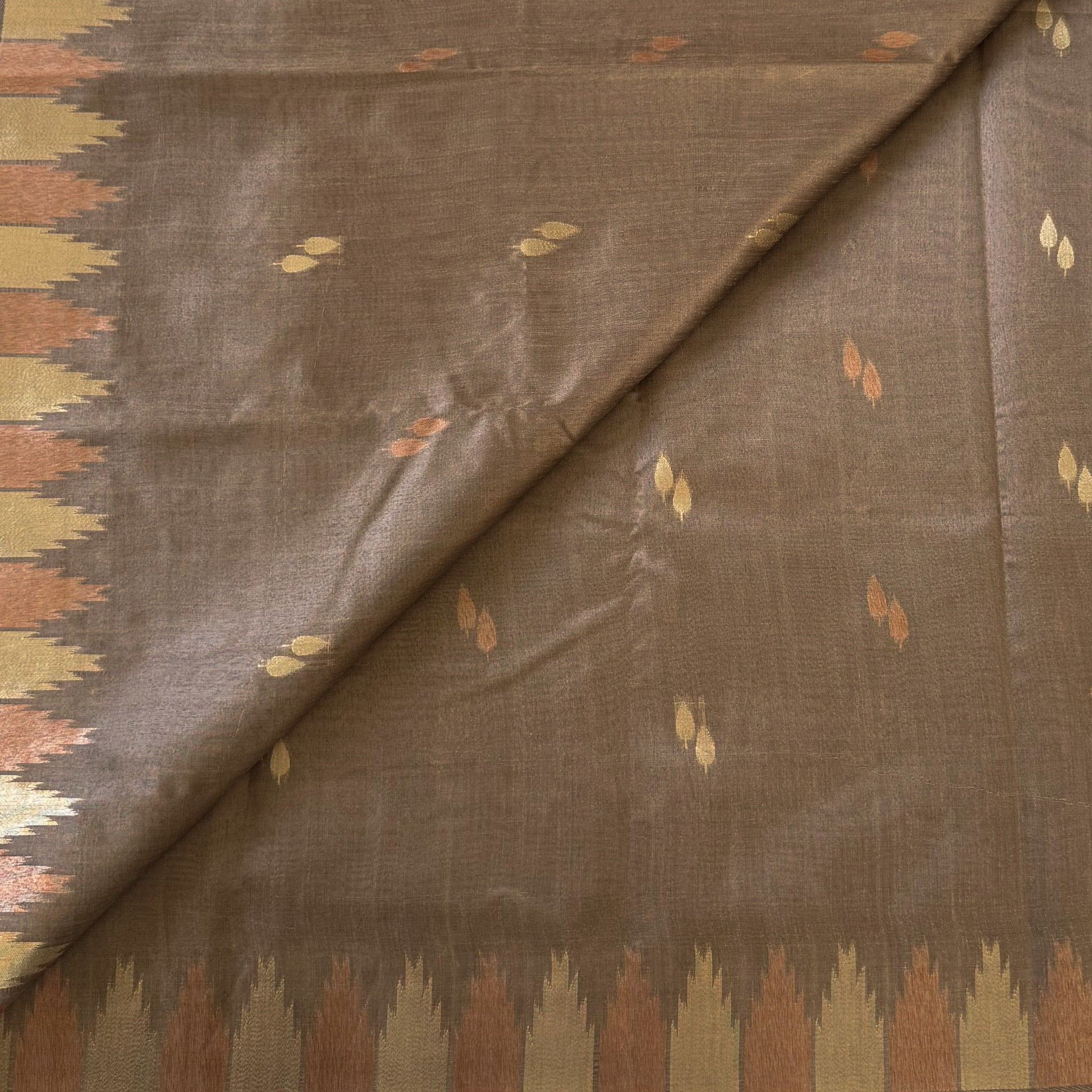 Deep Maroon Ikat Silk Saree Gold Zari Olive Pallu Border