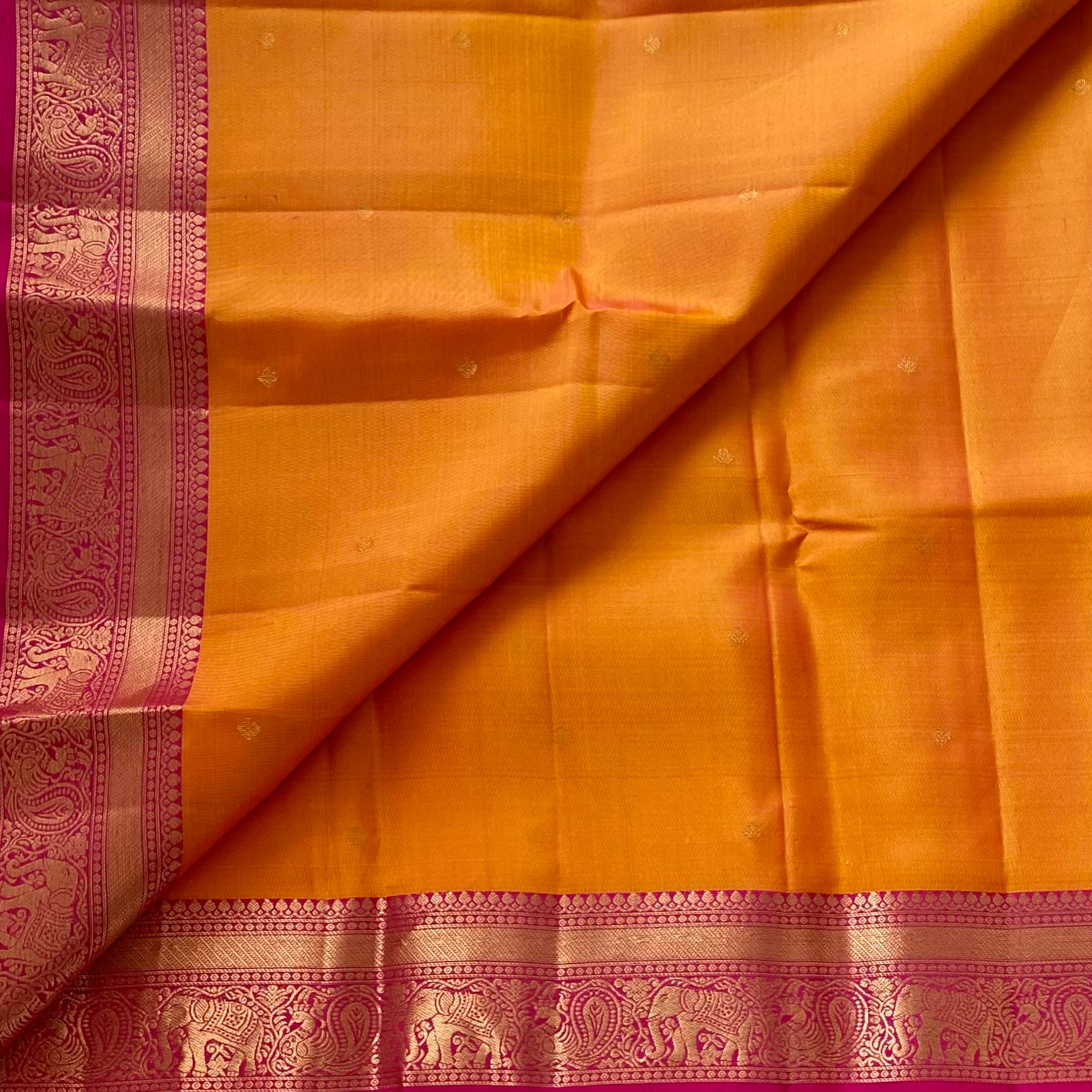 Marigold Orange Designer Pure Silk Saree Fuchsia Pink Zari Border Contrast Pallu