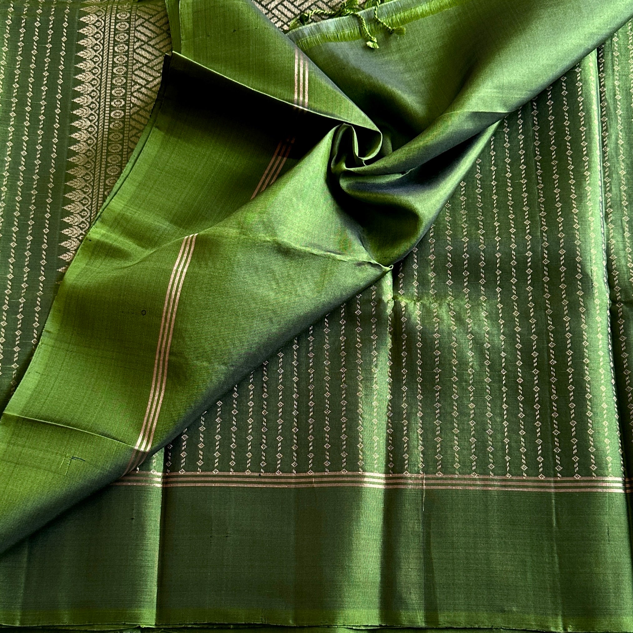 Classy Olive Green Silk Saree Gold Zari Geometric Pallu Buti Motifs