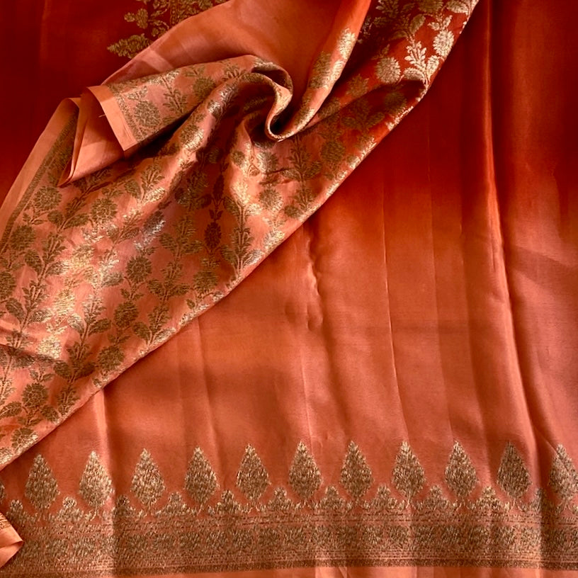Ombre Pink • Rust • Peach designer Banarasi soft crepe