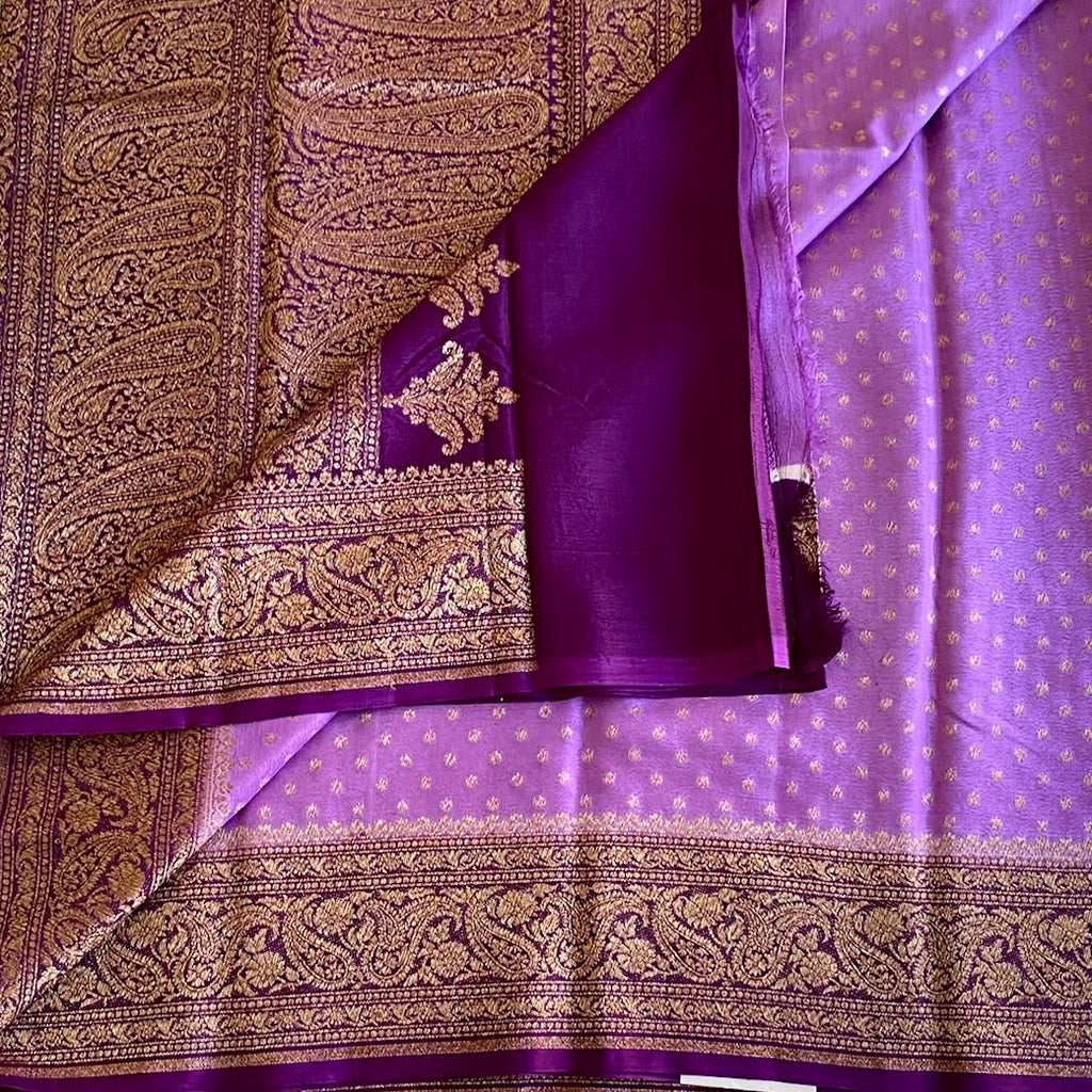 Metallic Lavender with Purple Banarasi Crepe Silk Saree With Antique Gold Pallu