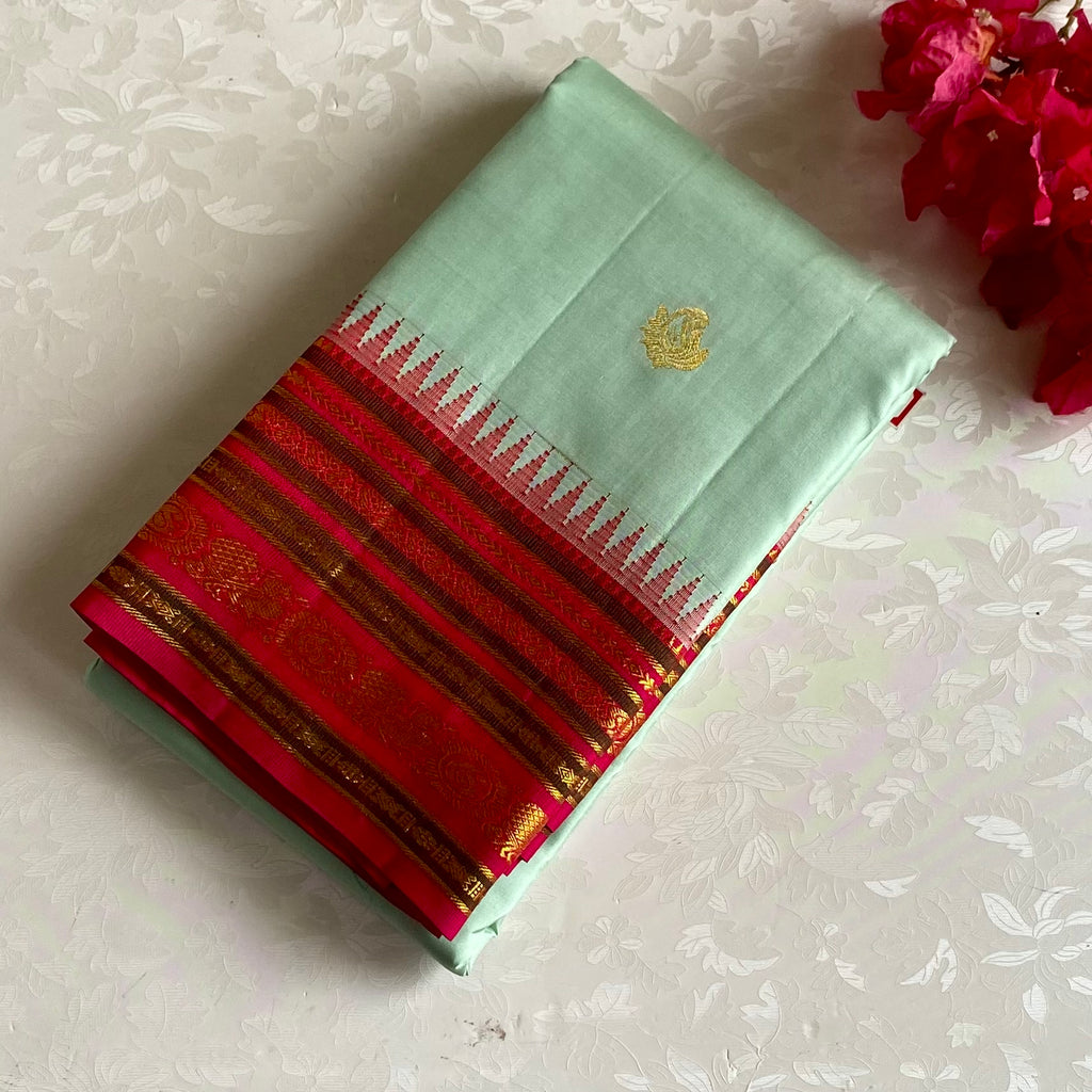 Classic Mint Green With Reddish Pink Designer Pure Kanjeevaram Silk
