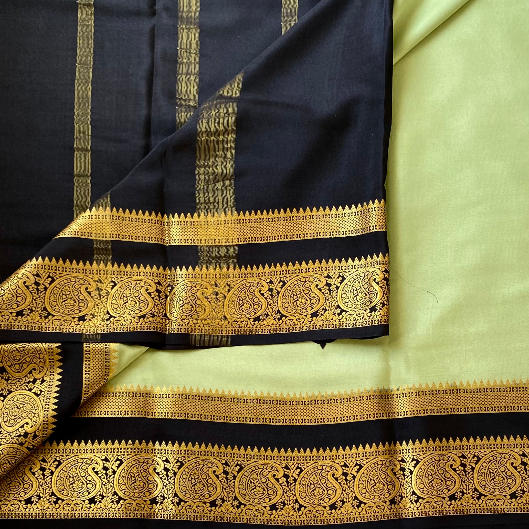 Pistachio Silk Saree with Black Gold Paisley Border for Festivities