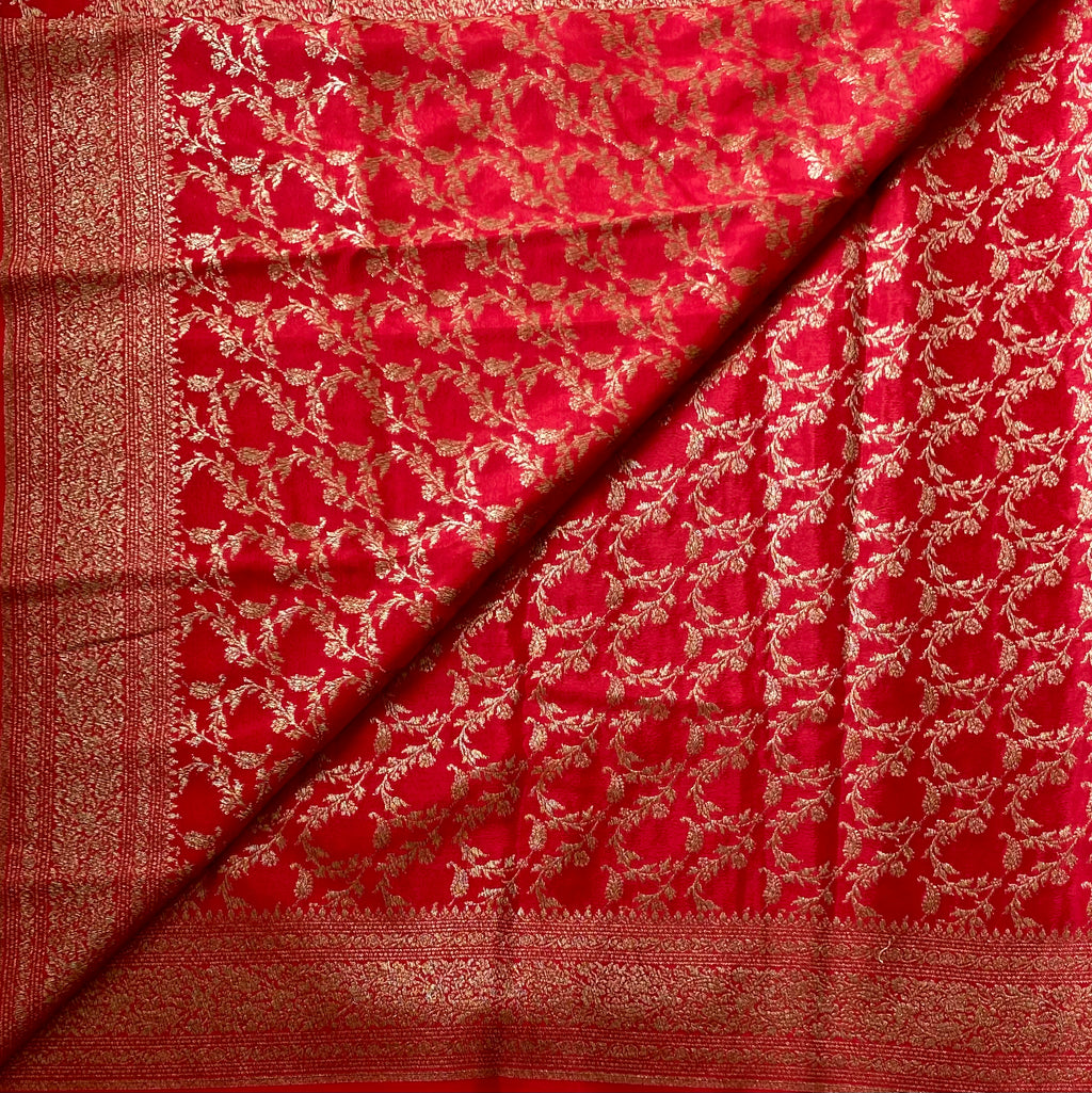 Crimson Soft Crepe Silk With Gold Brocade Floral Border For Weddings