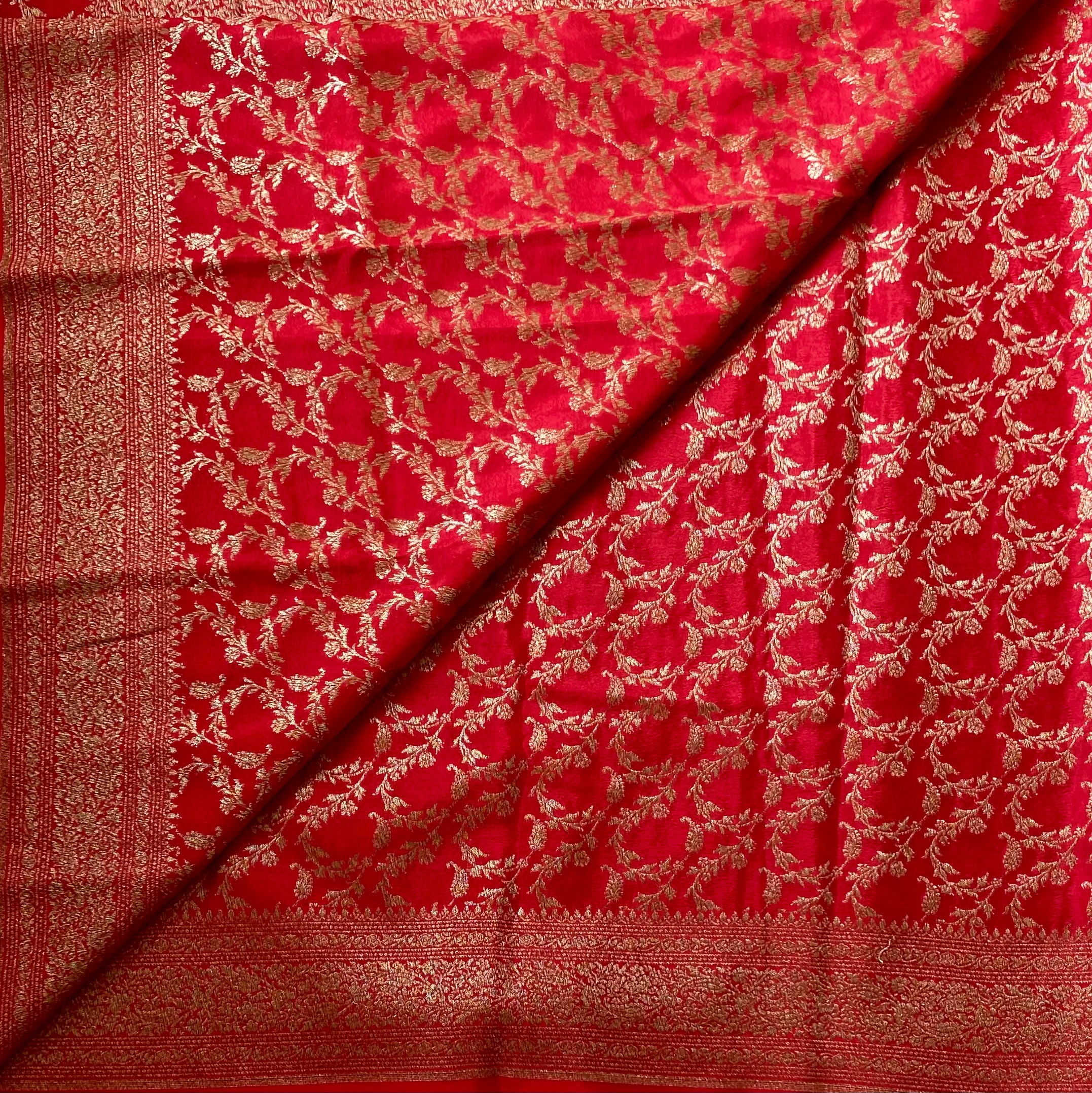 Crimson Soft Crepe Silk With Gold Brocade Floral Border For Weddings