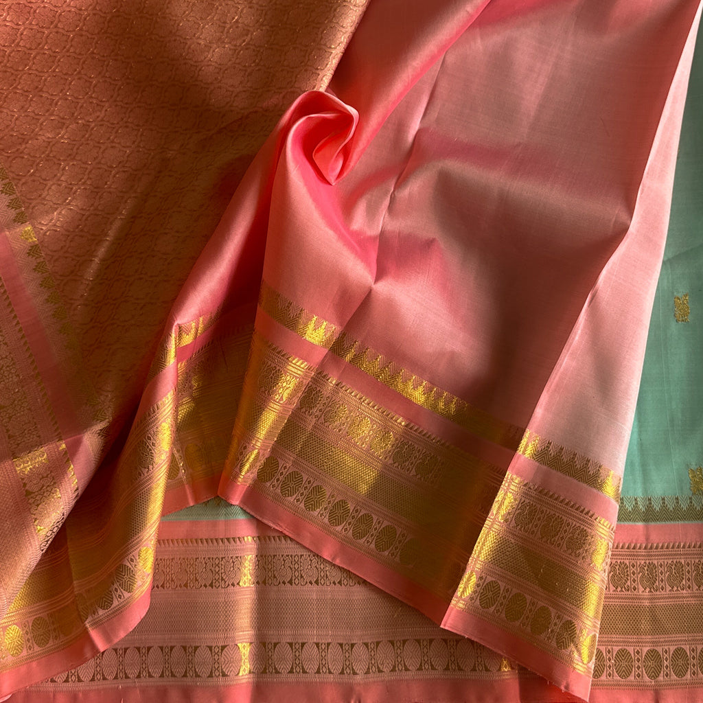 Dreamy pastel Sea blue with rose pink designer Kanjeevaram silk
