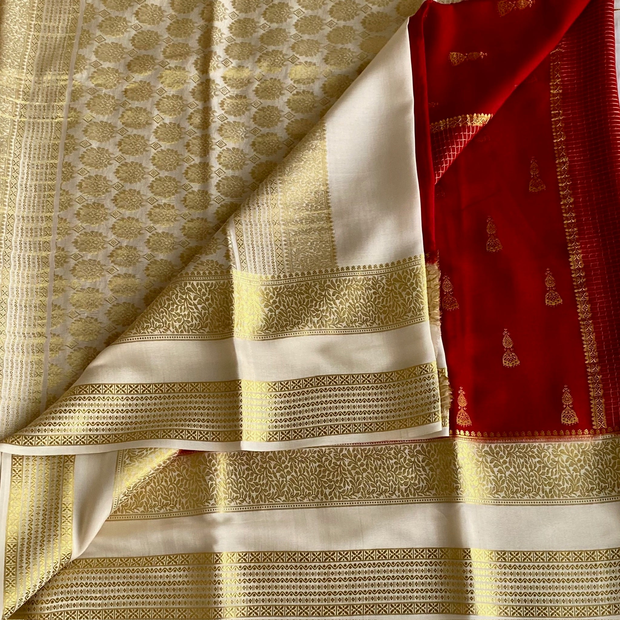 Crimson Red Mysore Crepe Silk With Ivory Double Borders & Pallu