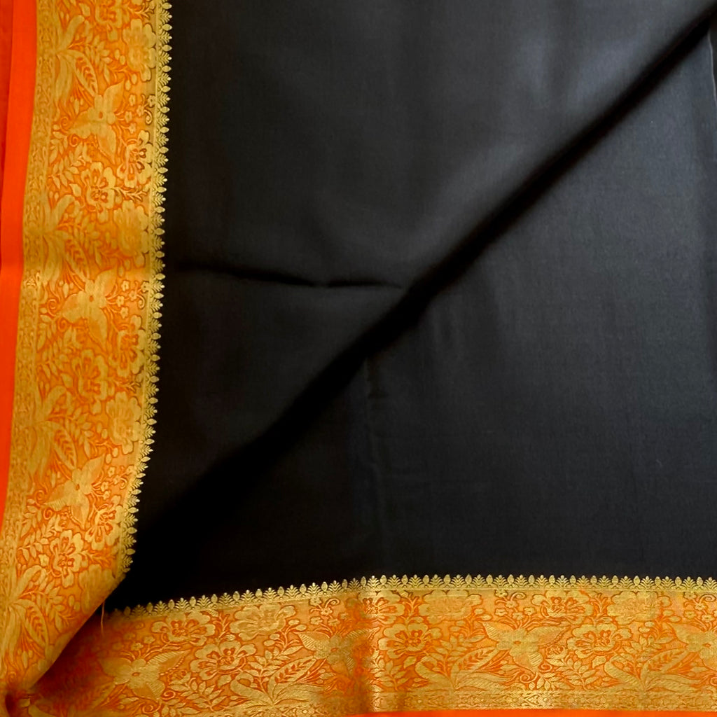 Black Saree Gold Brocade Border Orange Edge Traditional Bridal Wear