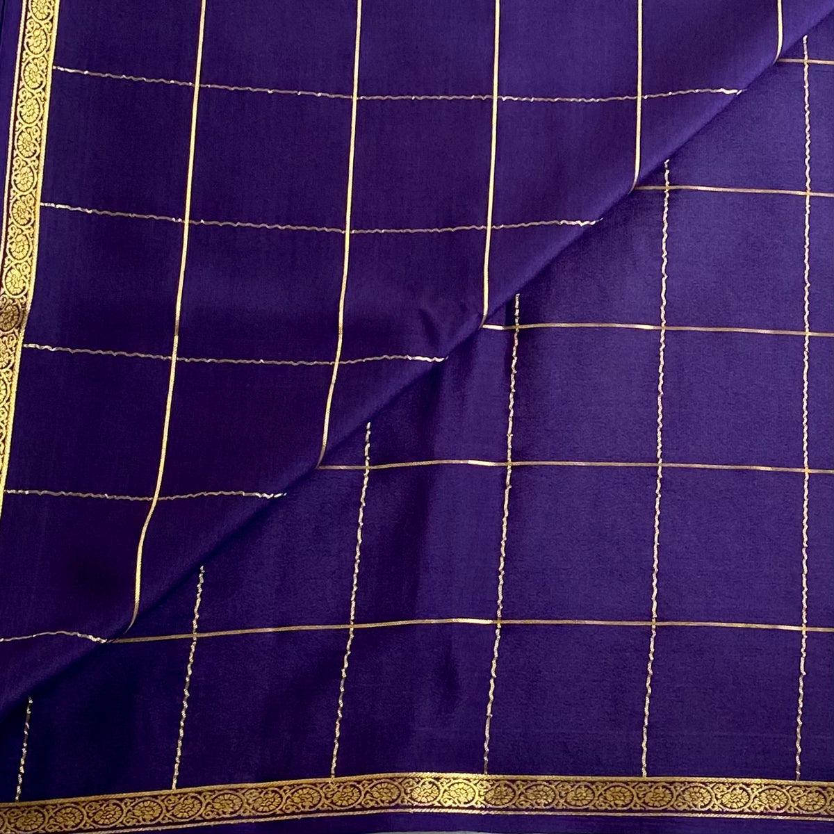Deep Indigo Navy Mysore Crepe Silk Saree With Antique Gold Pallu