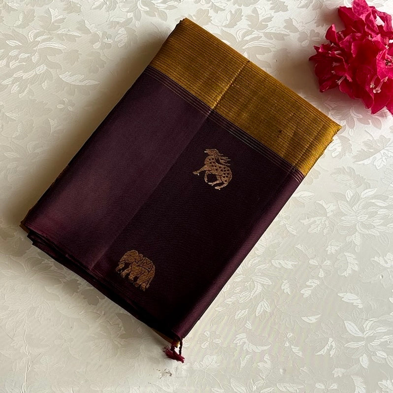 Mustard Yellow Designer Pure Silk Saree With Deep Plum Brown Pallu