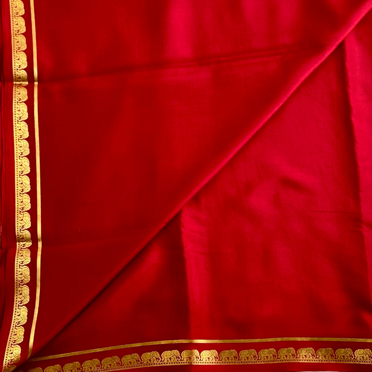 Crimson Red Mysore Crepe Silk Saree With Metallic Gold Stripes