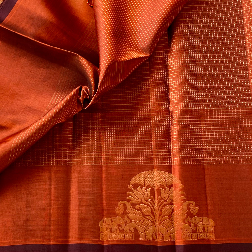 Rust Red Zari Elephant Border Traditional Festive Woven Elegant Saree