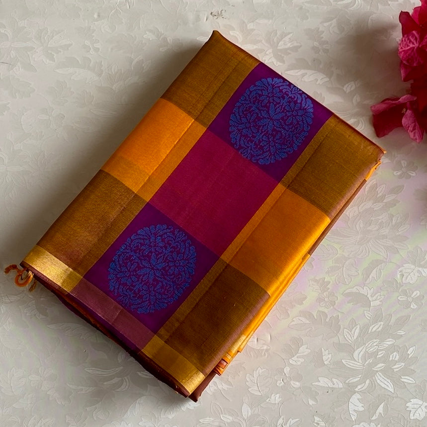 Checkered Shades Of Orange & Purple Designer Pure Silk