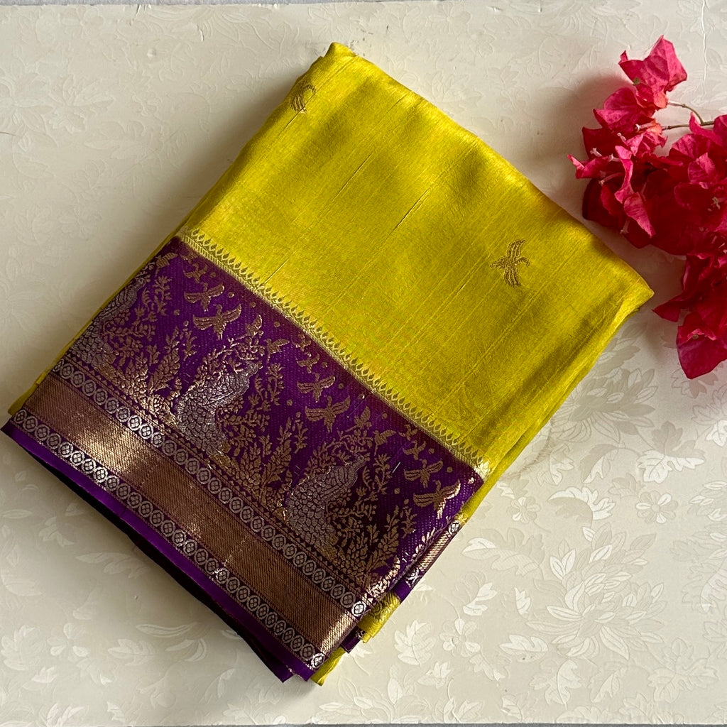Soft Tussar Silk Lime Yellow Saree With Royal Purple Pallu