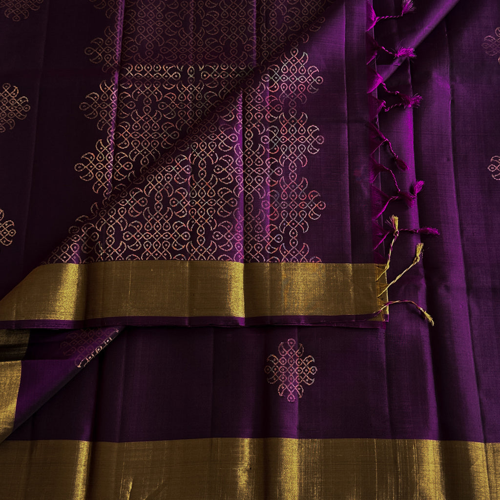 Purple Lustrous Saree With Gold Zari Lattice And Broad Border
