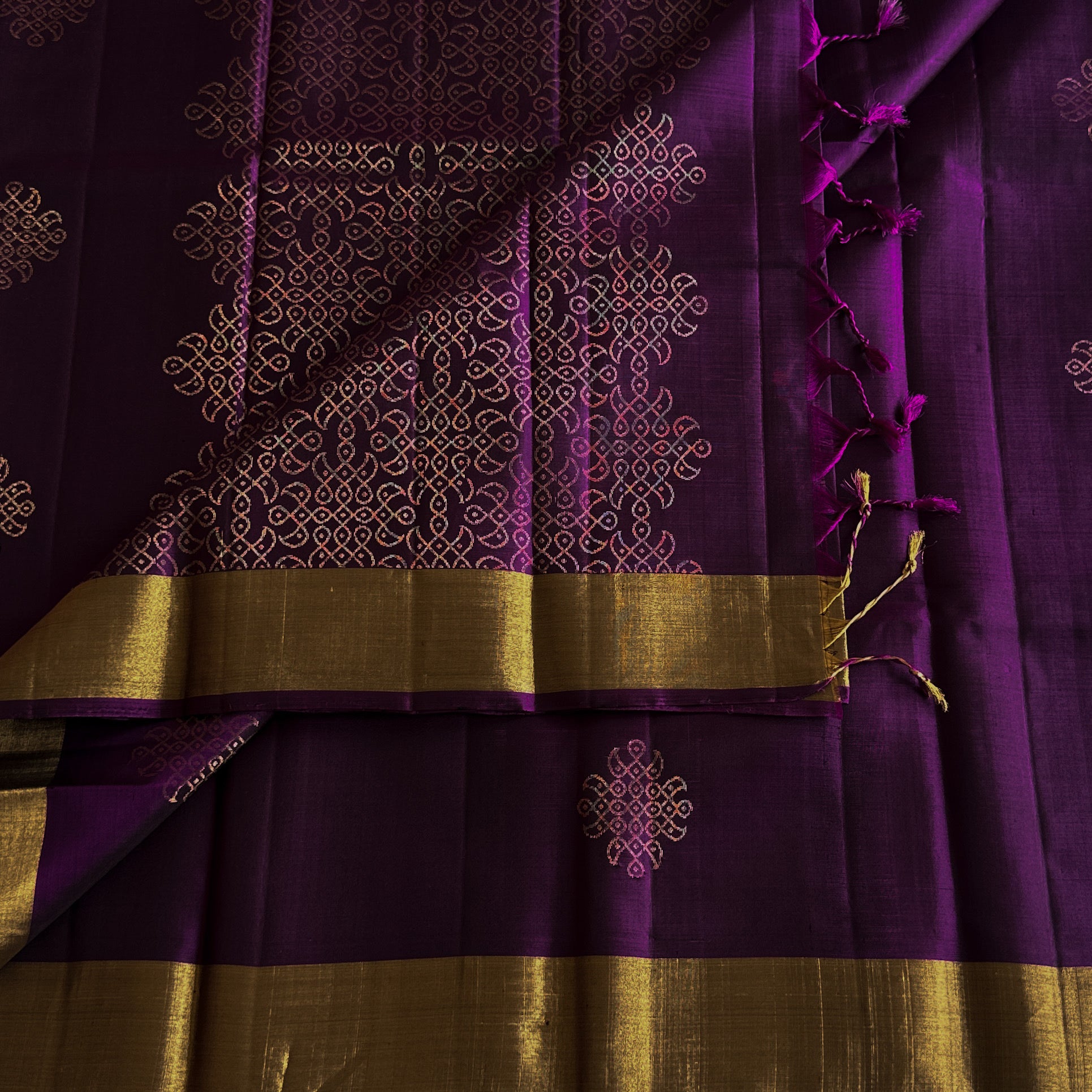 Purple Lustrous Saree With Gold Zari Lattice And Broad Border