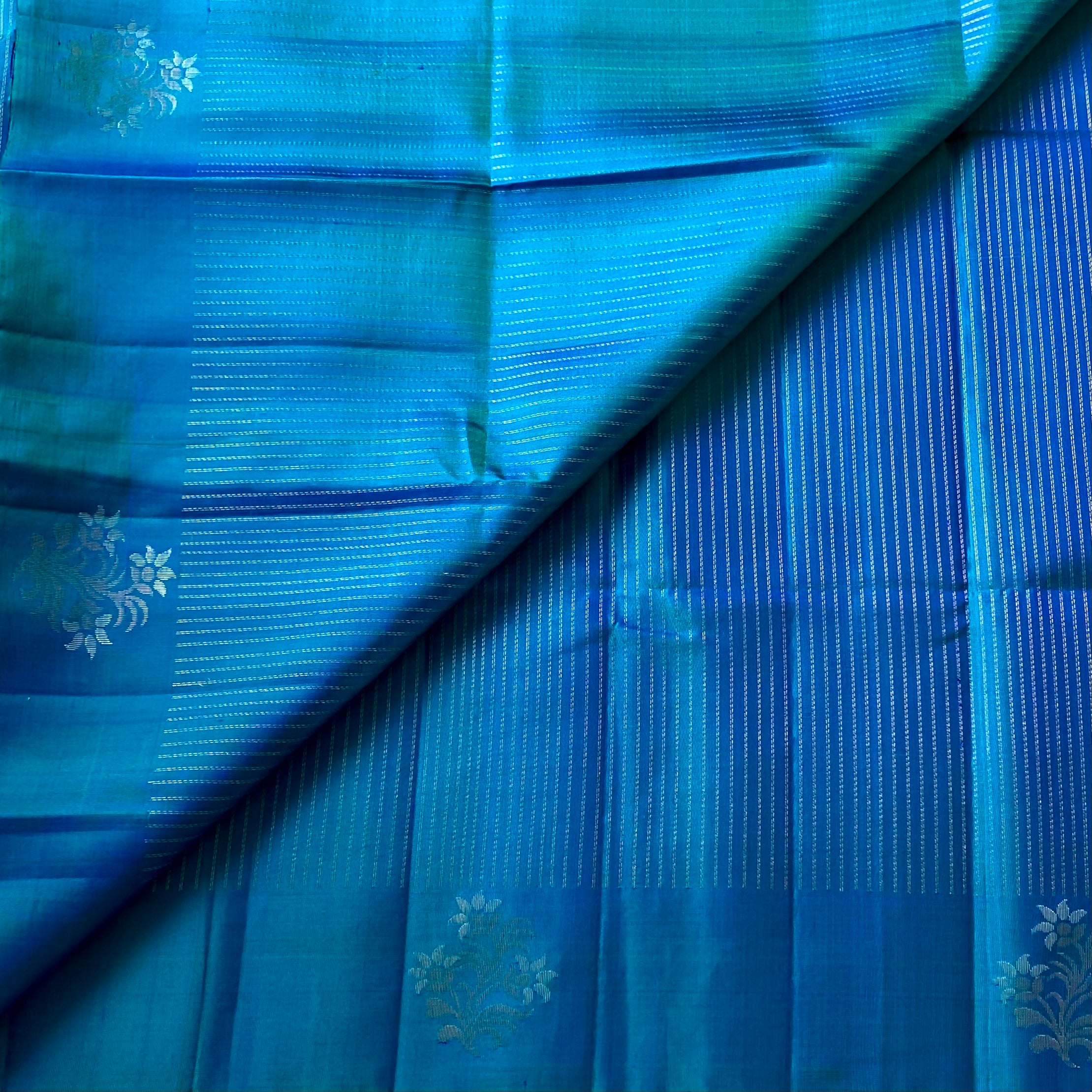 Cobalt Blue Teal Woven Saree with Silver Zari Floral Design