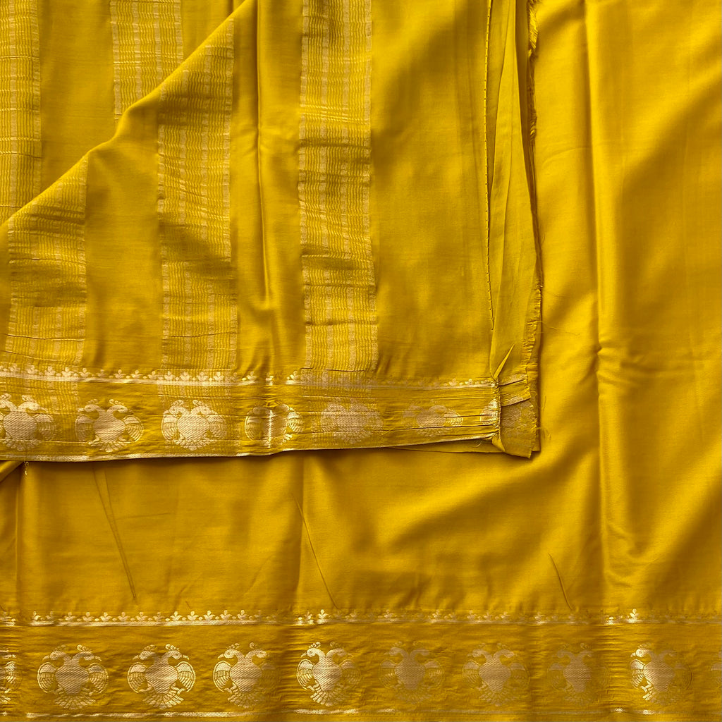 Mustard Yellow Silk Saree Golden Border Round Motif Festive Wear