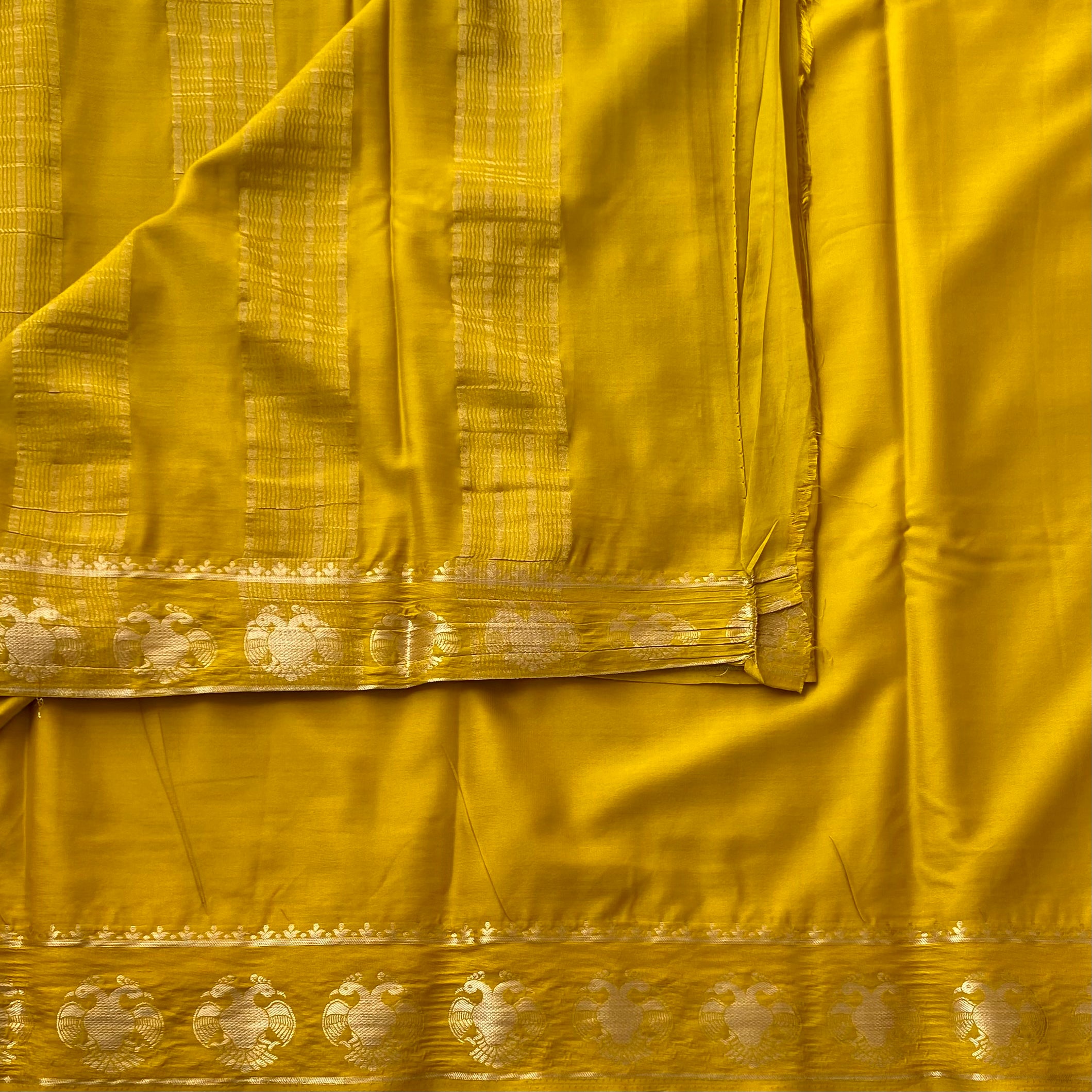 Mustard Yellow Silk Saree Golden Border Round Motif Festive Wear