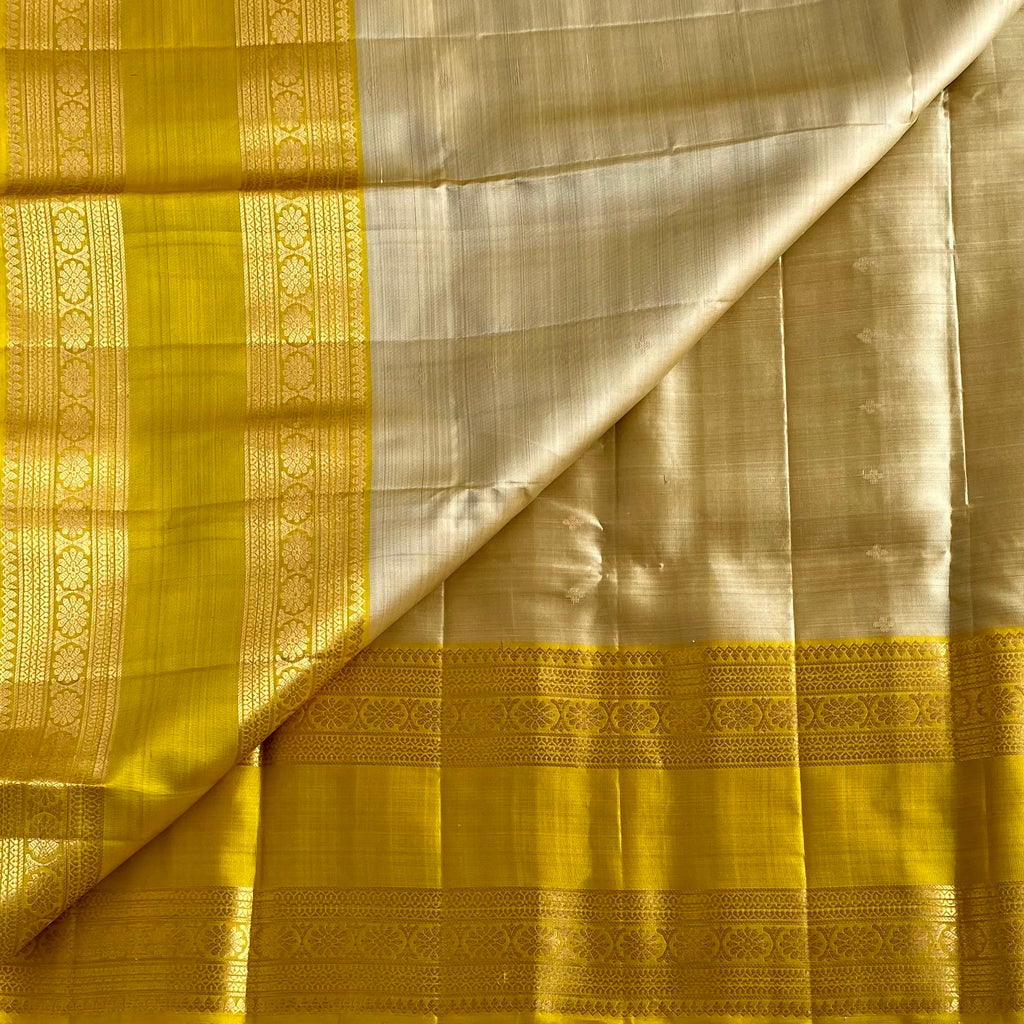 Cream Beige Designer Pure Silk Mustard Yellow Contrast Gold Zari