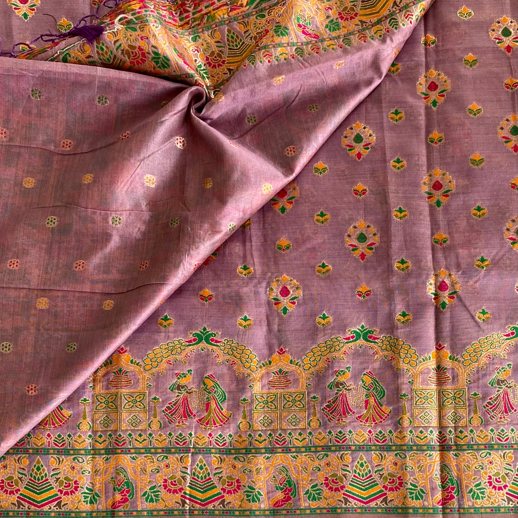 Lavender Rani Pink Soft Tussar Silk Saree With Gold Zari Border