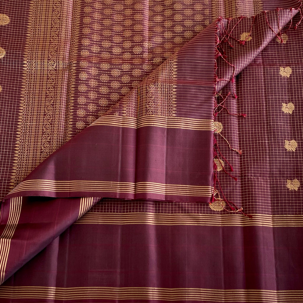 Espresso Wine Brown Designer Pure Silk Saree With Micro Checkered Weave