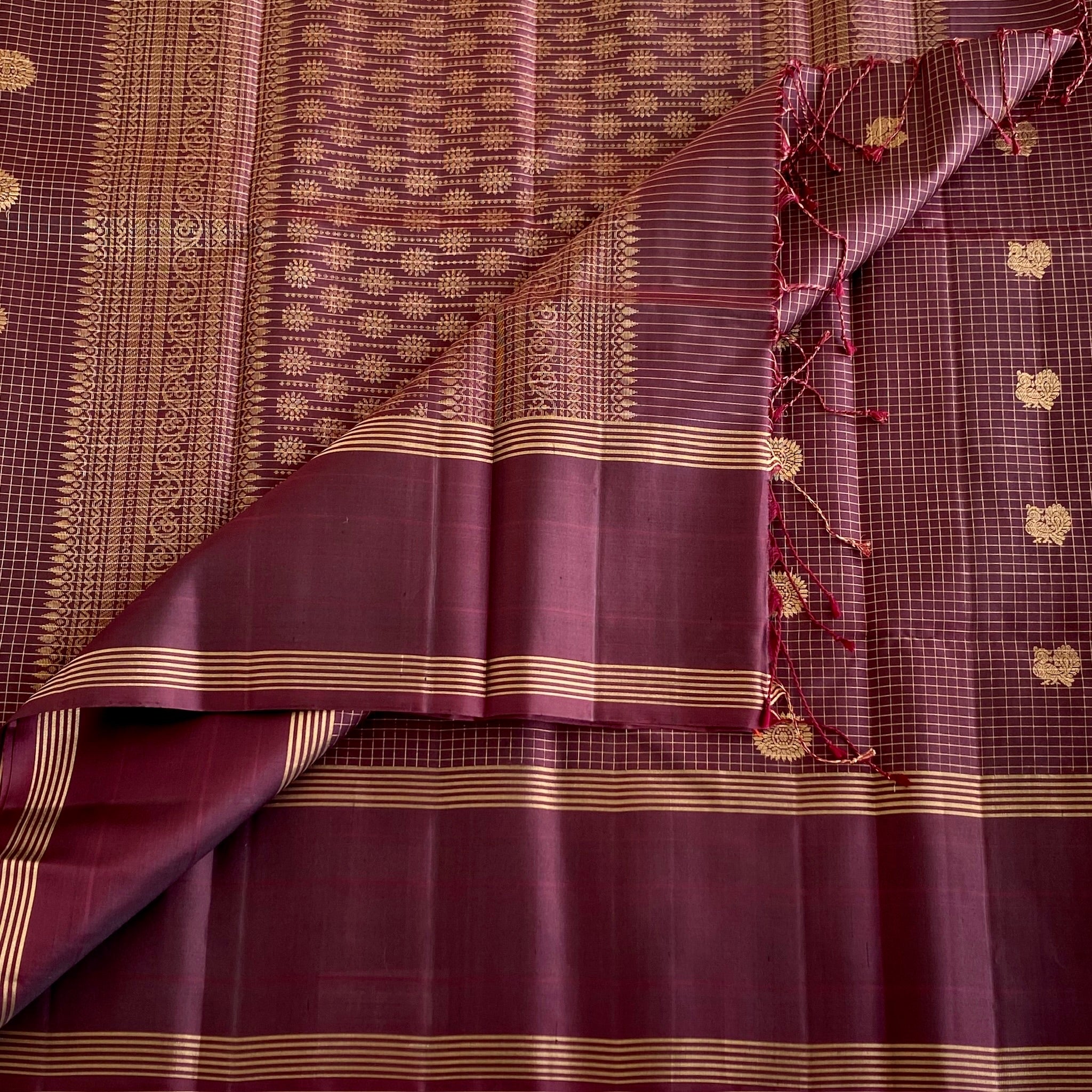 Espresso Wine Brown Designer Pure Silk Saree With Micro Checkered Weave