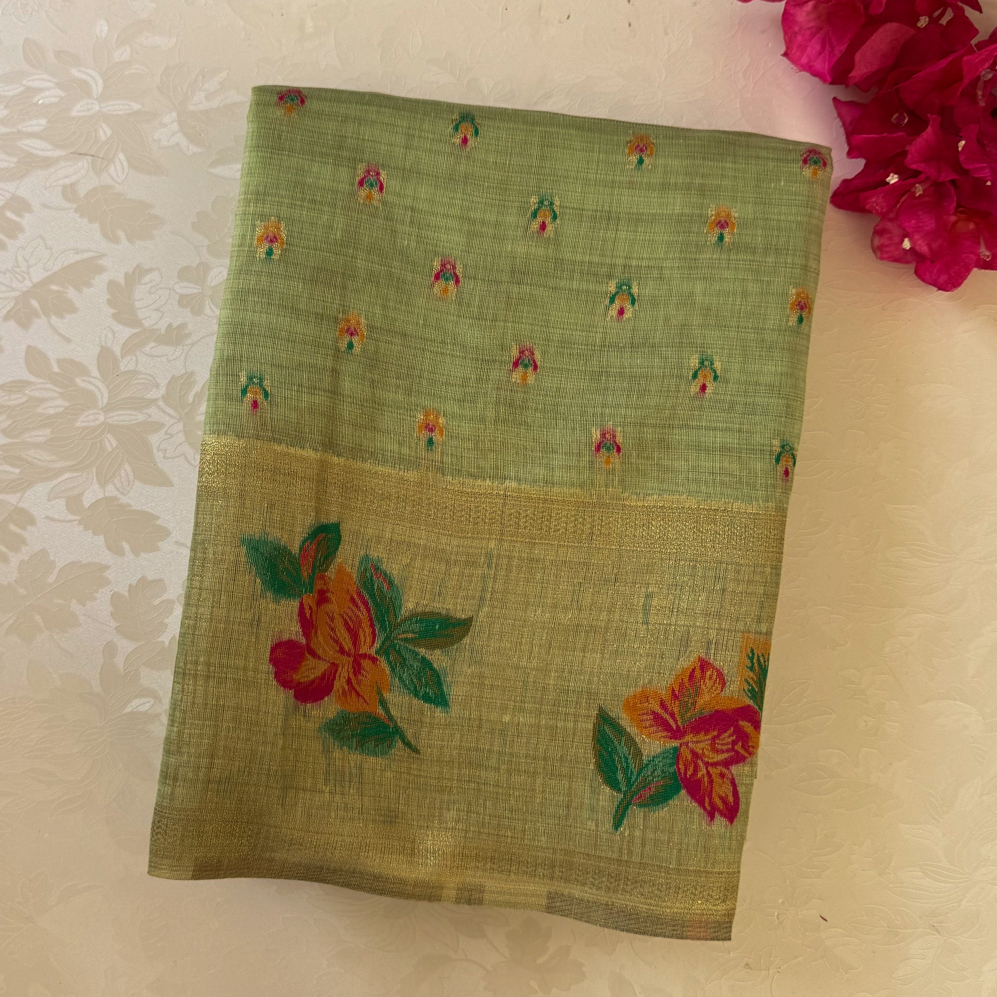 Elegant Pistachio Floral Zari Tassel Saree For Festive Traditional Occasions