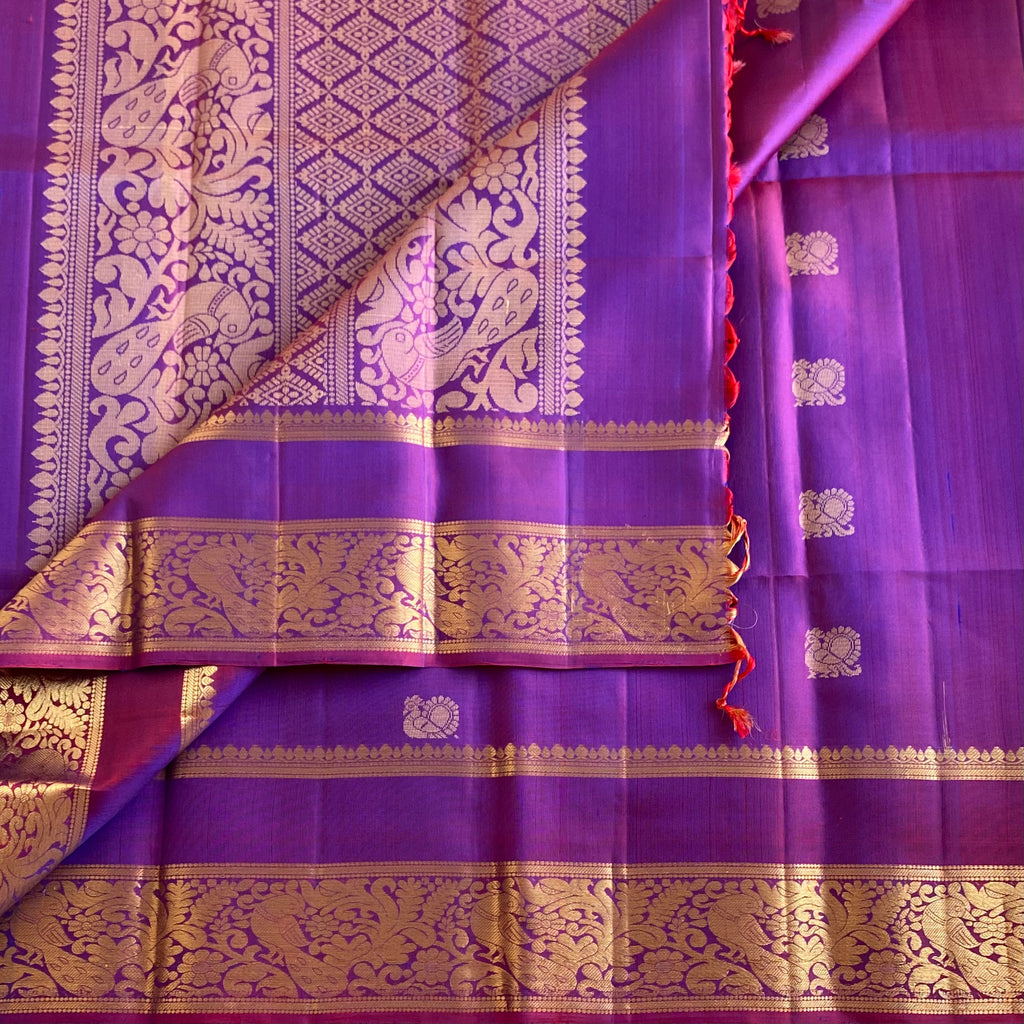 Dual Shaded Magenta Purple Designer Pure Silk Saree With Metallic Gold Brocade