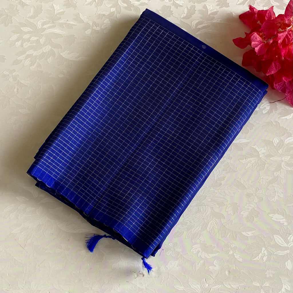 Royal Blue Designer Pure Silk Saree With Silver Floral Border And Tassels