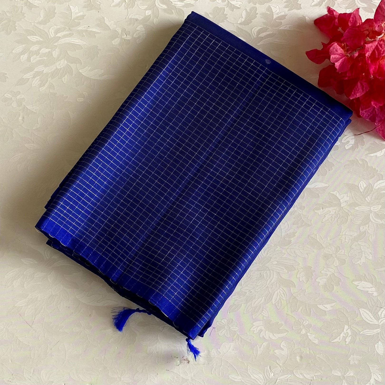 Royal Blue Designer Pure Silk Saree With Silver Floral Border And Tassels