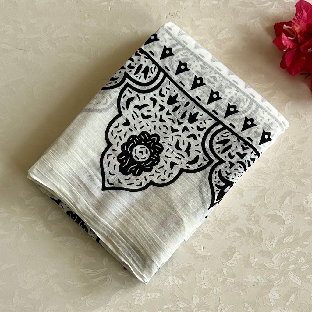 Ivory Jet Black Everyday Saree With Floral Medallion Print