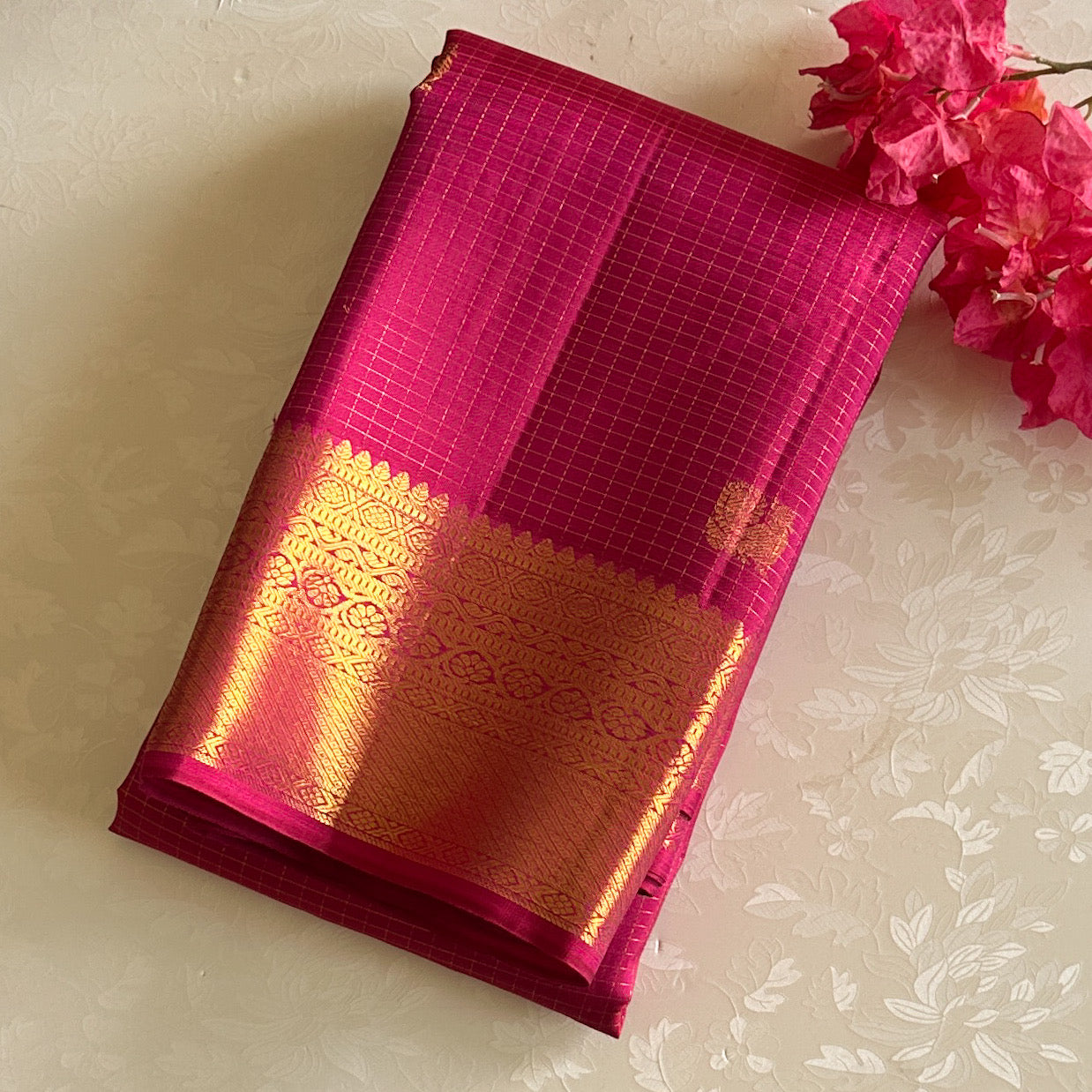Pomogrante Pink Checkered Kanjeevaram Pure Zari Kanjeevaram Silk